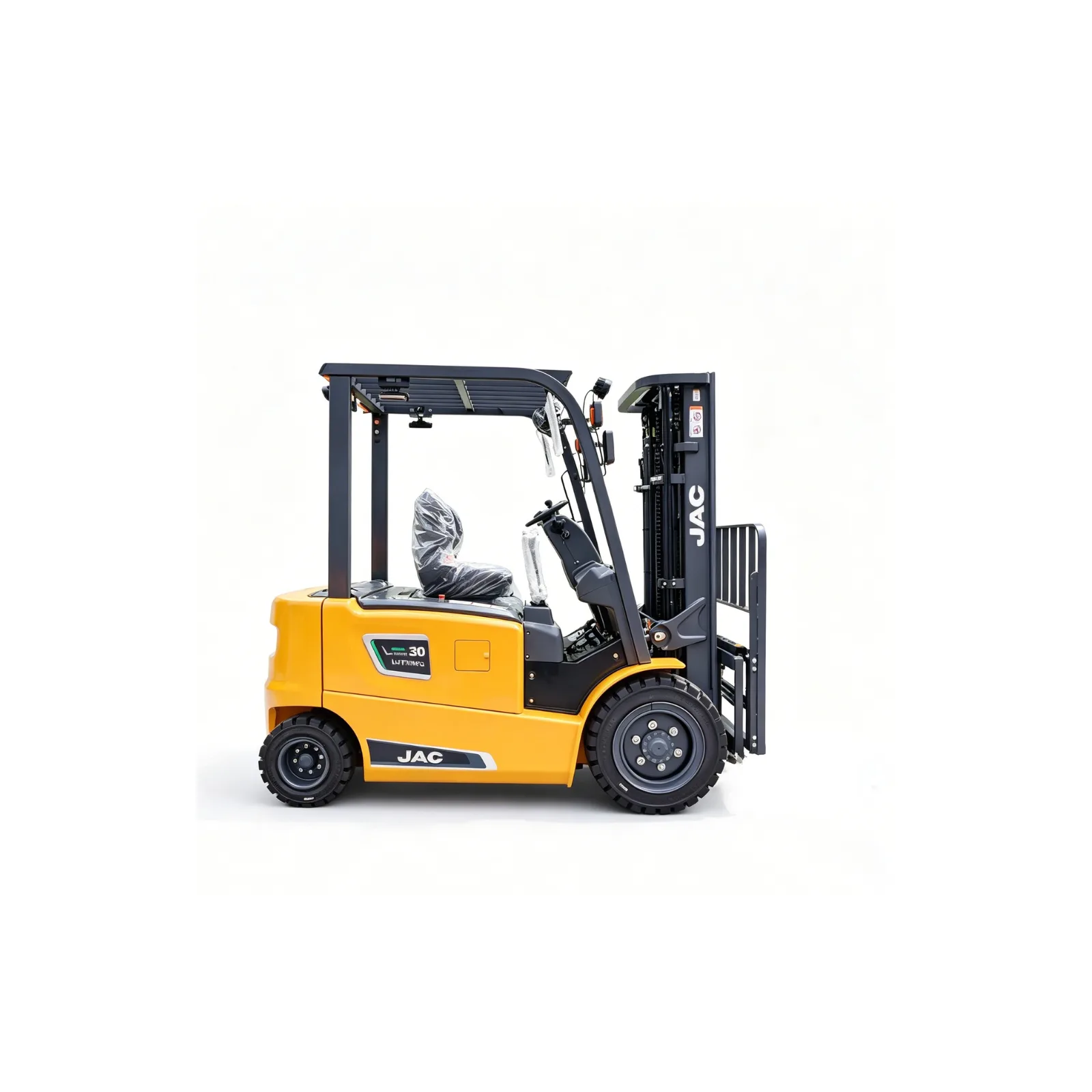 Right side view of yellow JAC CPD30L electric forklift.