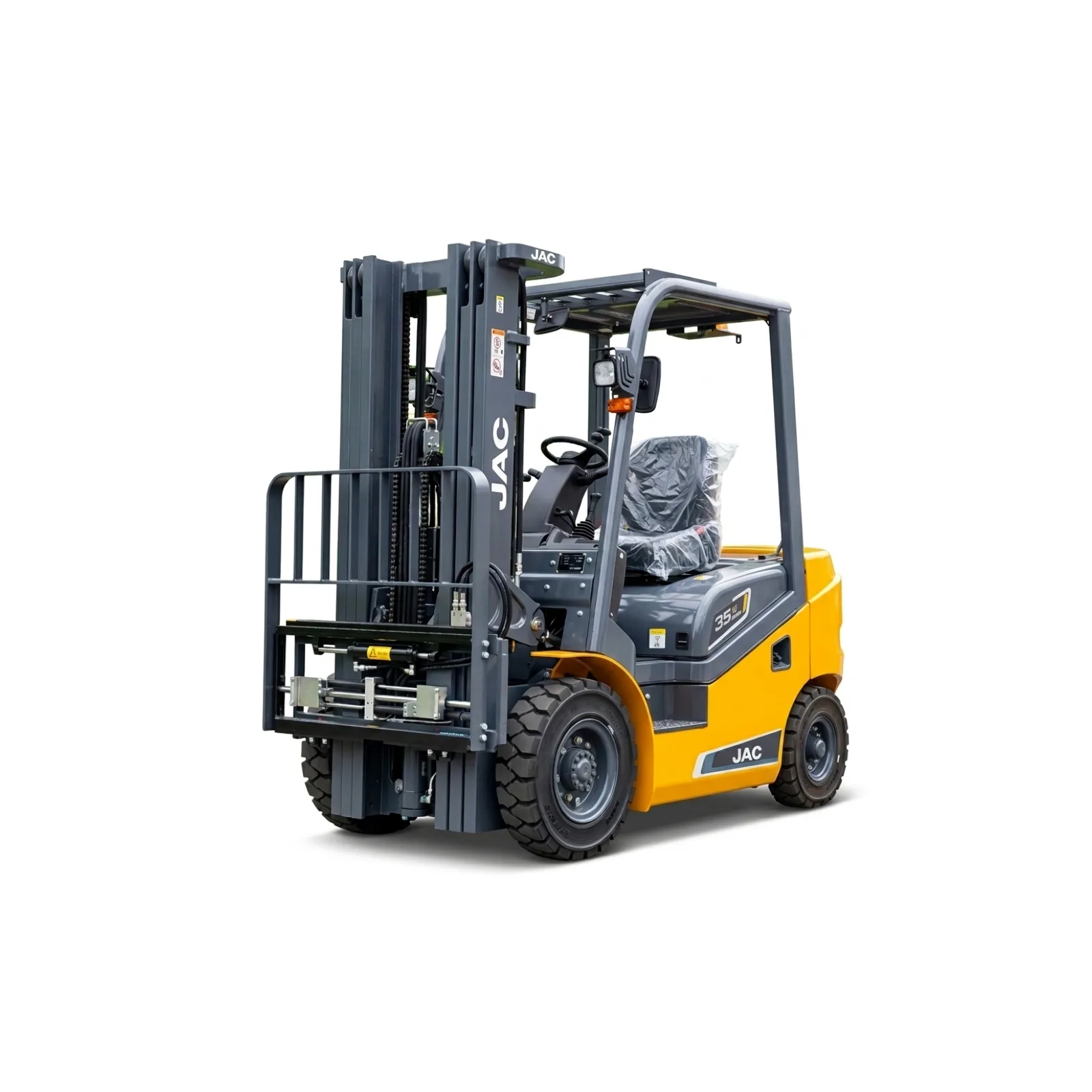 JAC CPQYD35J-II dual-fuel forklift with triplex mast and fork positioner, front right view