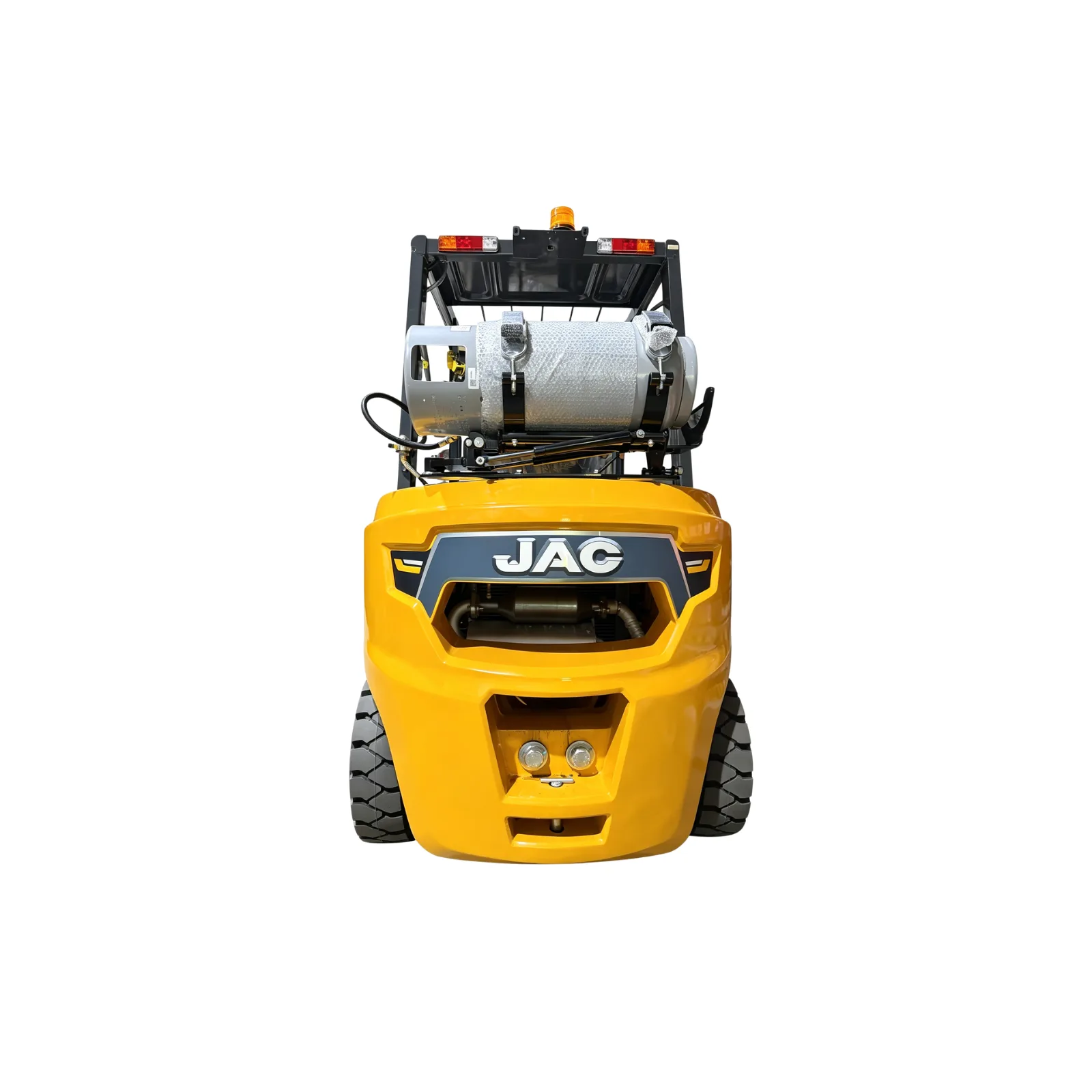 Rear view of JAC CPQYD35J-II dual-fuel forklift with LPG tank