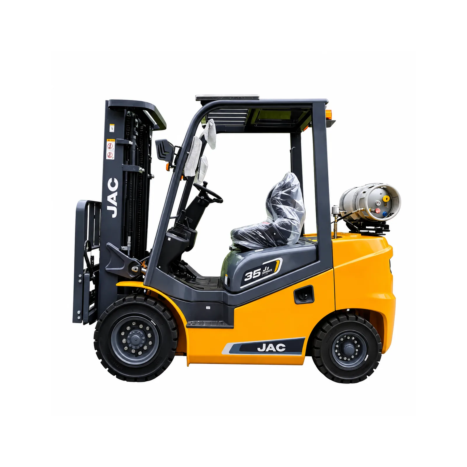 Right side view of JAC CPQYD35J-II dual-fuel forklift with triplex mast