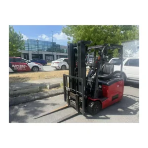 Electric forklift with side shift, red, front three-quarter view